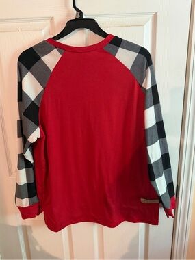 Red Womens Long-Sleeve Sweater with Black & White Buffalo Check Sleeves